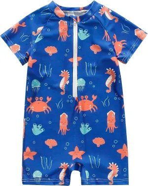 AIWUHE Boys One Piece Swimsuit Toddler Swimwear Rash Guard Suits Short Sleeve Zipper Bathing Suit UPF 50  Beach Sunsuit 6M-3Y