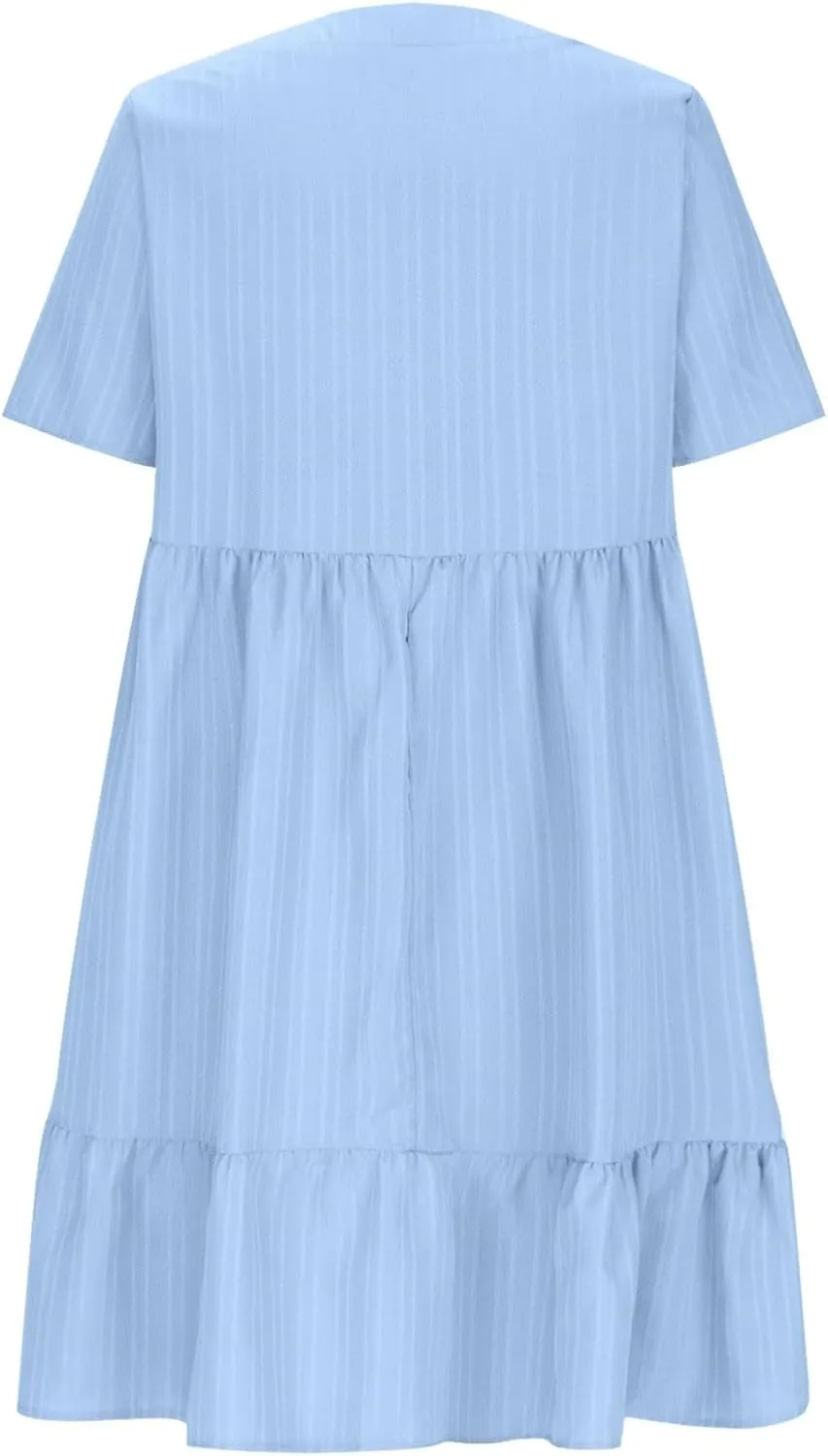 Akklian Summer Dresses for Women 2025 Ruffle Casual V Neck Mini Dress Short Sleeve A-Line Flowy Swing Beach Dress Sundress