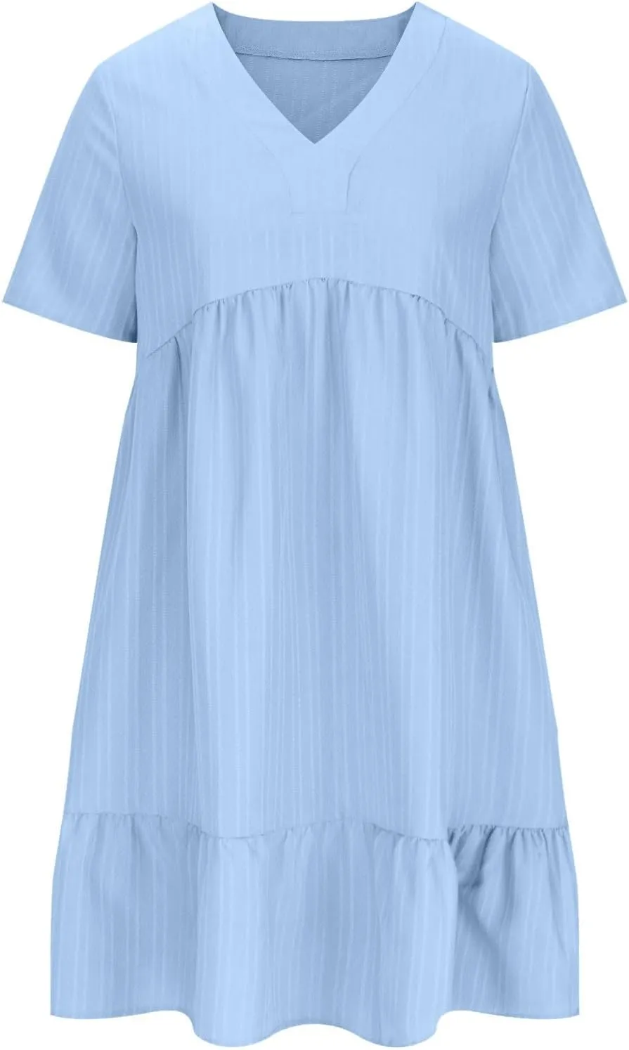 Akklian Summer Dresses for Women 2025 Ruffle Casual V Neck Mini Dress Short Sleeve A-Line Flowy Swing Beach Dress Sundress