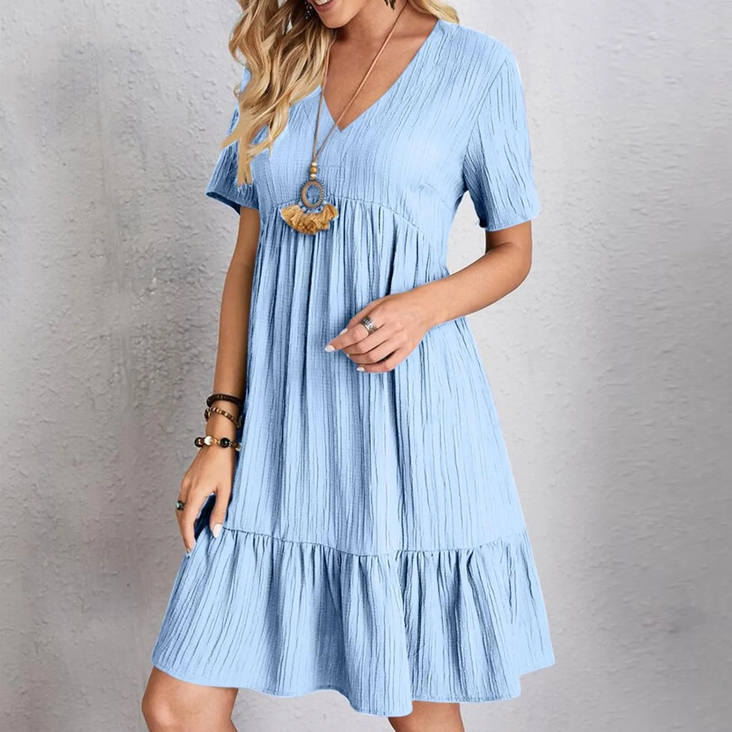 Akklian Summer Dresses for Women 2025 Ruffle Casual V Neck Mini Dress Short Sleeve A-Line Flowy Swing Beach Dress Sundress