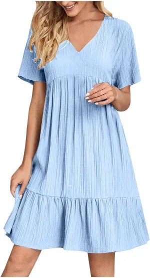 Akklian Summer Dresses for Women 2025 Ruffle Casual V Neck Mini Dress Short Sleeve A-Line Flowy Swing Beach Dress Sundress
