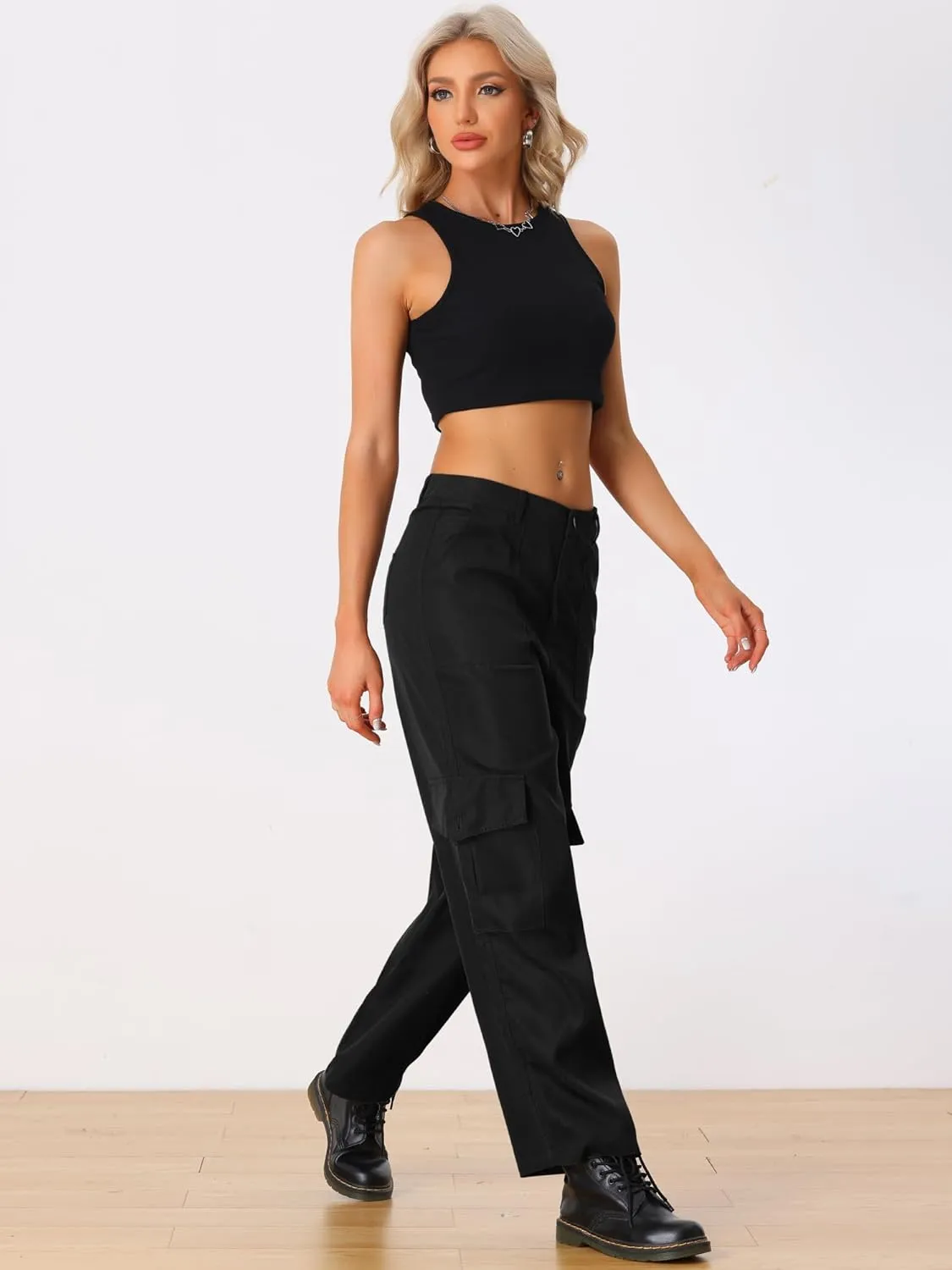 Allegra K Women's Cargo Pants Mid Rise Baggy Wide Leg Pockets Y2K Casual Pants