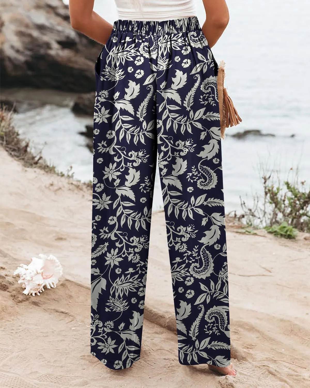 Angerella Women's Casual Wide Leg Pants High Elastic Waisted in The Back Business Work Trousers Long Pants with Pocket