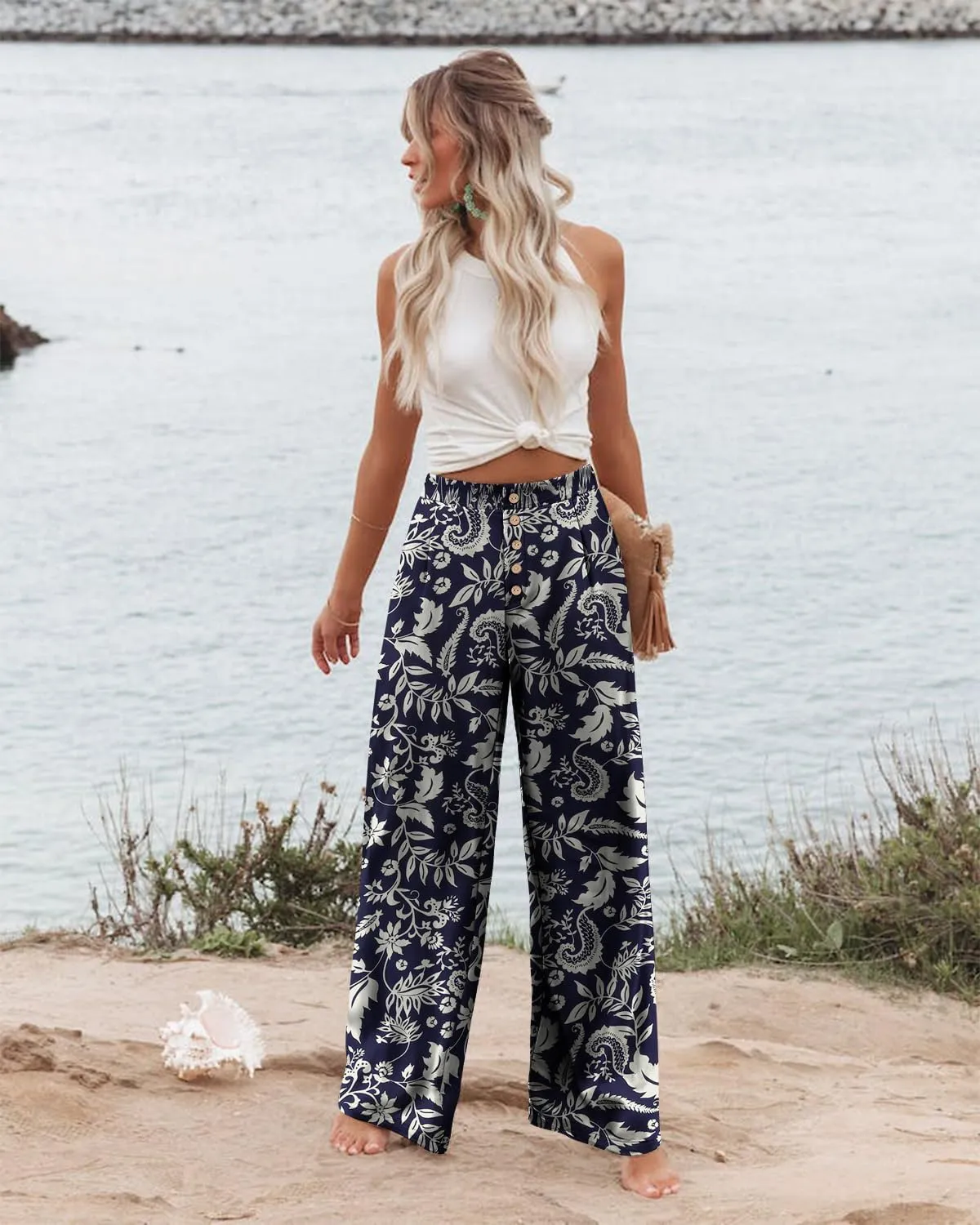 Angerella Women's Casual Wide Leg Pants High Elastic Waisted in The Back Business Work Trousers Long Pants with Pocket