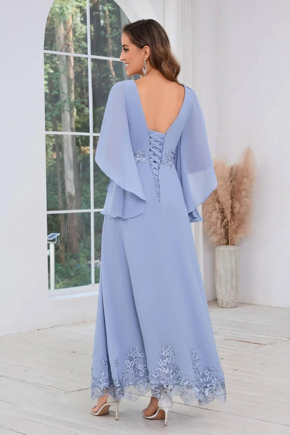 AUMEELAM 3/4 Sleeve Mother of The Brides Dresses for Wedding Plus Size Lace Appliques Chiffon Formal Evening Gowns