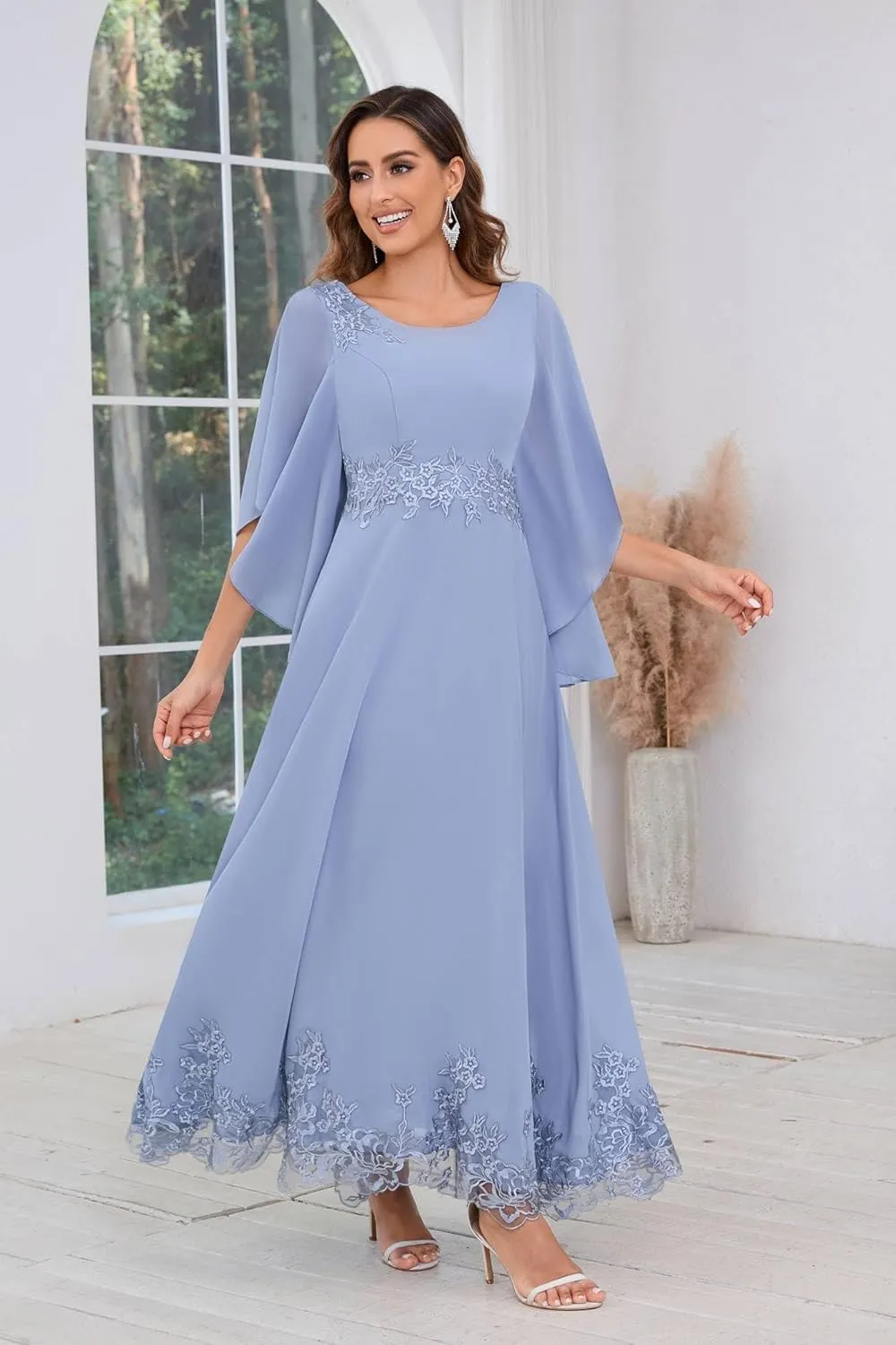 AUMEELAM 3/4 Sleeve Mother of The Brides Dresses for Wedding Plus Size Lace Appliques Chiffon Formal Evening Gowns