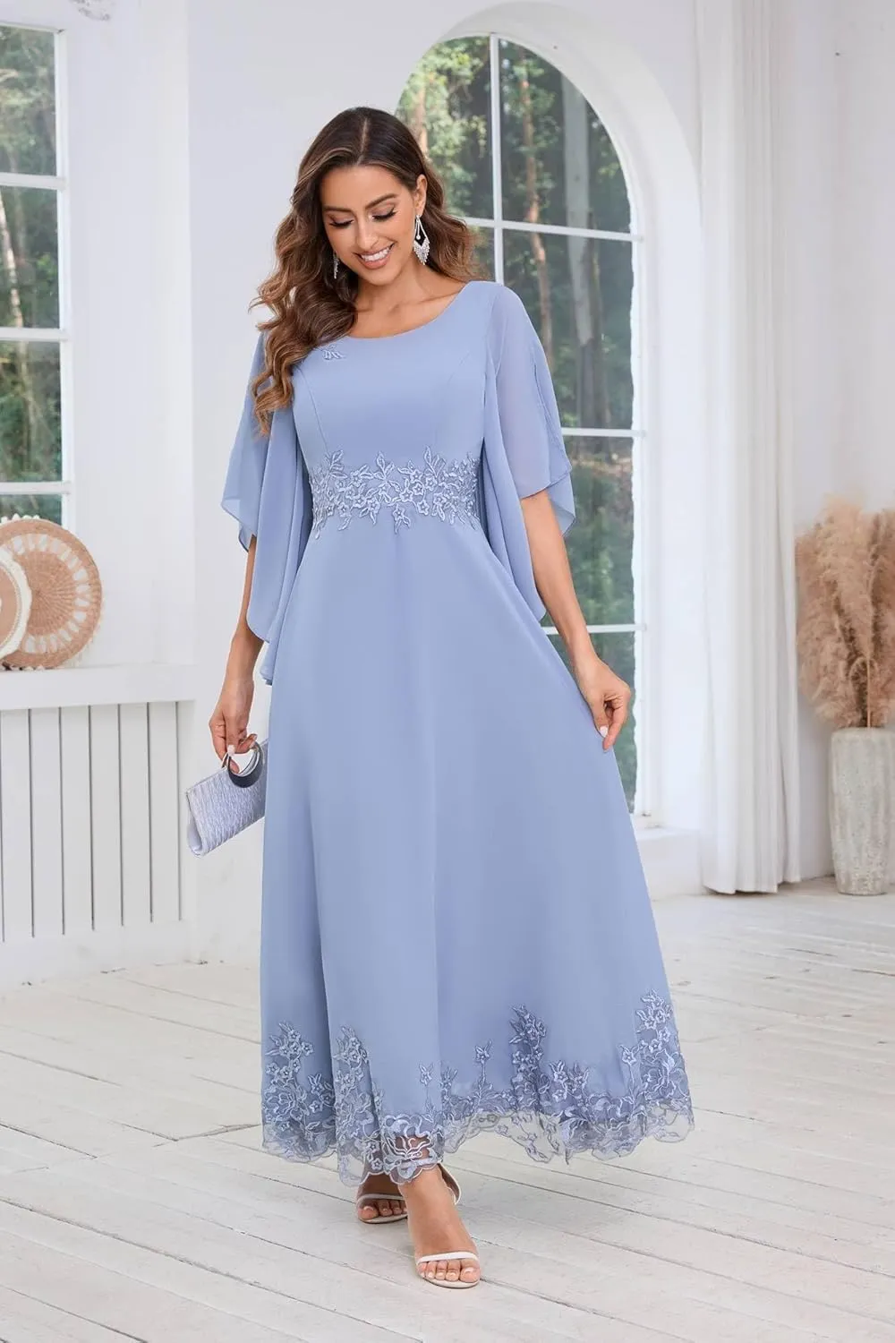 AUMEELAM 3/4 Sleeve Mother of The Brides Dresses for Wedding Plus Size Lace Appliques Chiffon Formal Evening Gowns