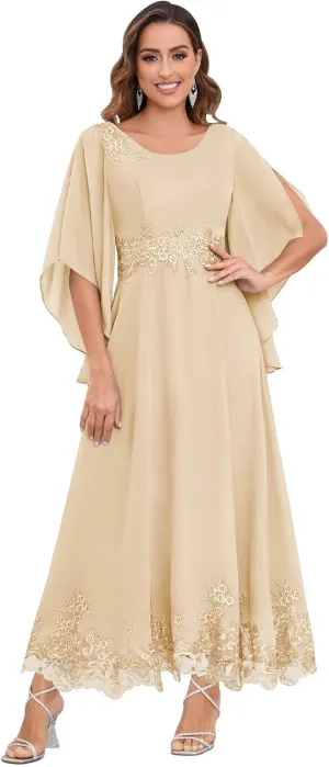 AUMEELAM 3/4 Sleeve Mother of The Brides Dresses for Wedding Plus Size Lace Appliques Chiffon Formal Evening Gowns