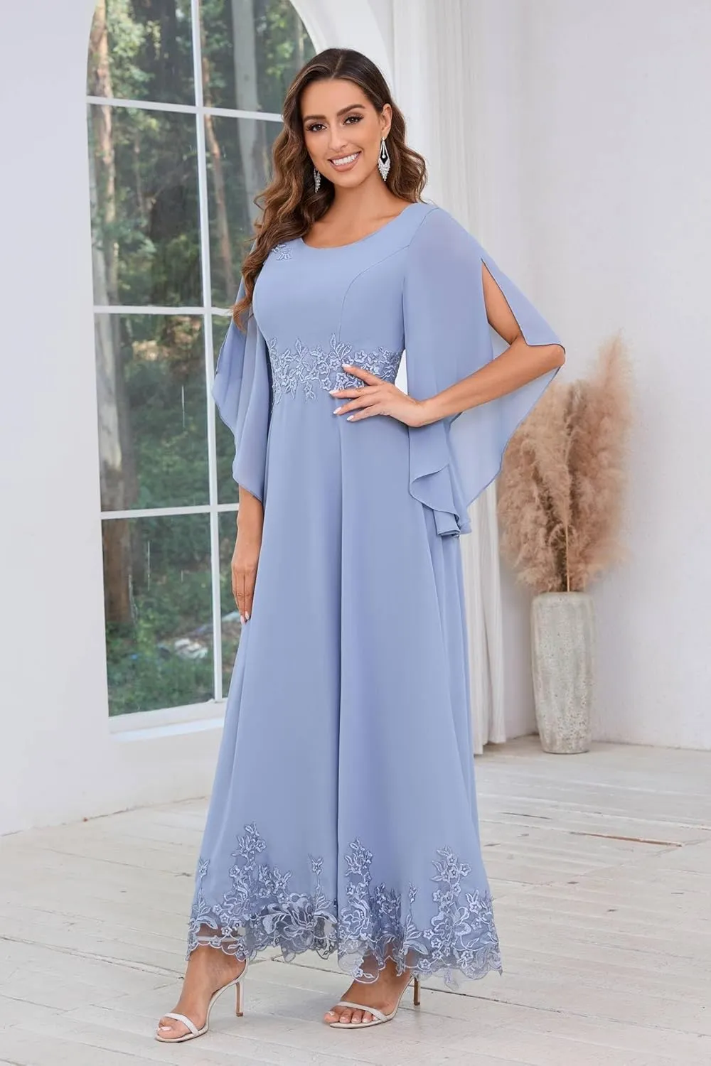 AUMEELAM 3/4 Sleeve Mother of The Brides Dresses for Wedding Plus Size Lace Appliques Chiffon Formal Evening Gowns
