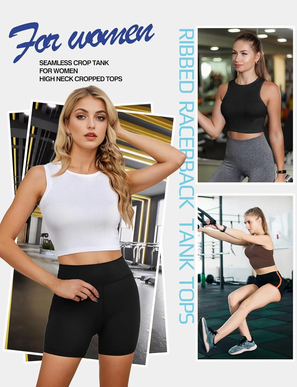 AURUZA Workout Tank Tops Woman, Seamless Ribbed Crop Tank Tops for Women, Sleeveless Racerback High Neck Tank Tops for Women