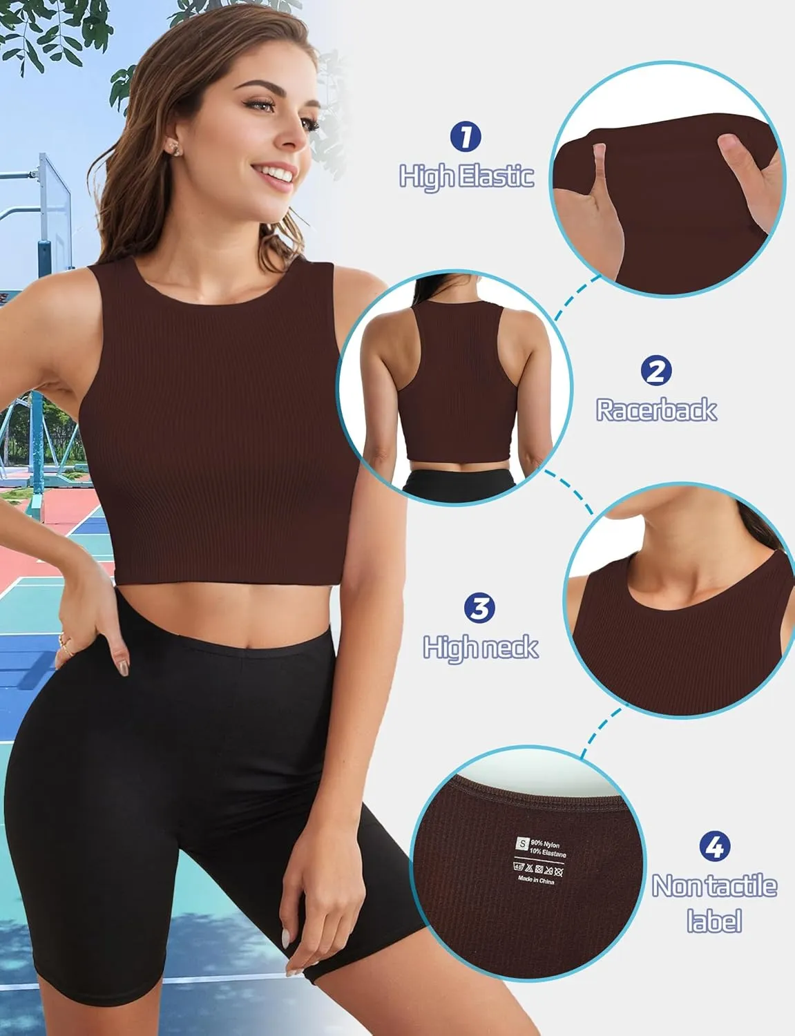 AURUZA Workout Tank Tops Woman, Seamless Ribbed Crop Tank Tops for Women, Sleeveless Racerback High Neck Tank Tops for Women