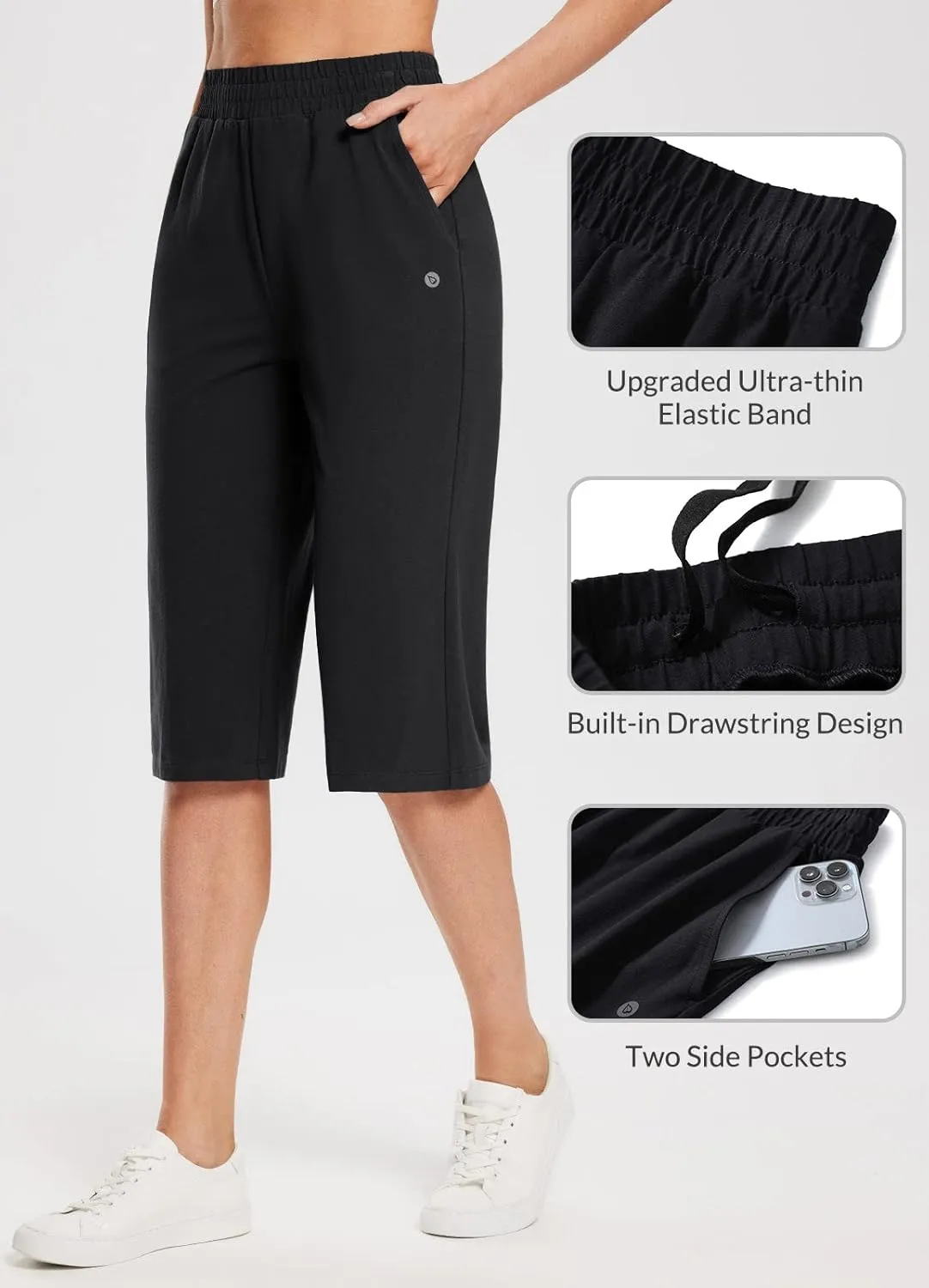 baleaf Women's 15"/17" Cotton Long Shorts Below The Knee with Pockets Drawstring Walking Bermuda Shorts Yoga Capri Pants