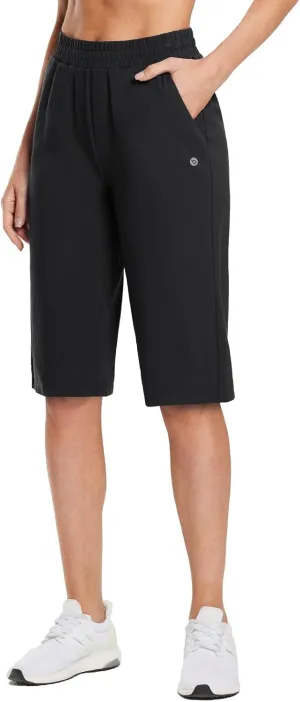 baleaf Women's 15"/17" Cotton Long Shorts Below The Knee with Pockets Drawstring Walking Bermuda Shorts Yoga Capri Pants