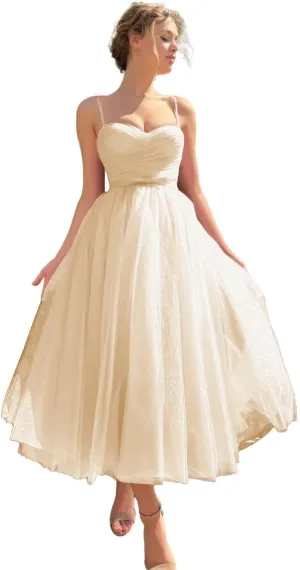 Basgute Tulle Tea Length Prom Dresses for Women Corset Sweetheart Spaghetti Straps Teens Formal Evening Party Gowns