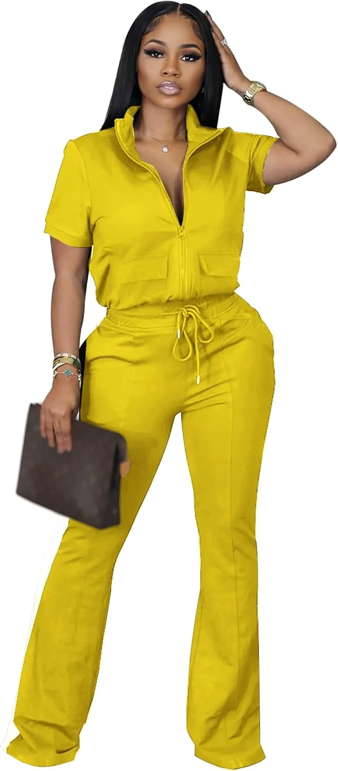 Batehif Women's Lounge Outfits Two Piece Sets 80s 90s Short Sleeve Zipper Top Flare Legging Pants