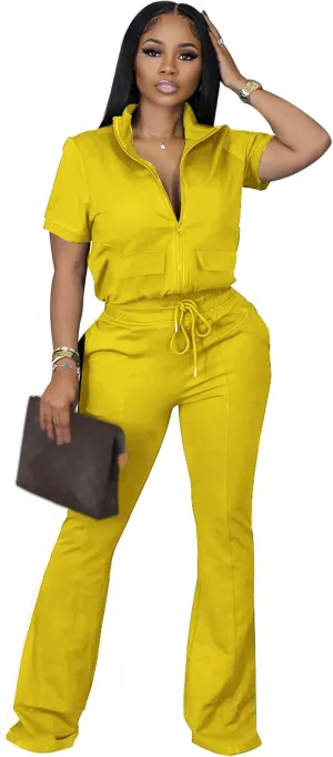 Batehif Women's Lounge Outfits Two Piece Sets 80s 90s Short Sleeve Zipper Top Flare Legging Pants