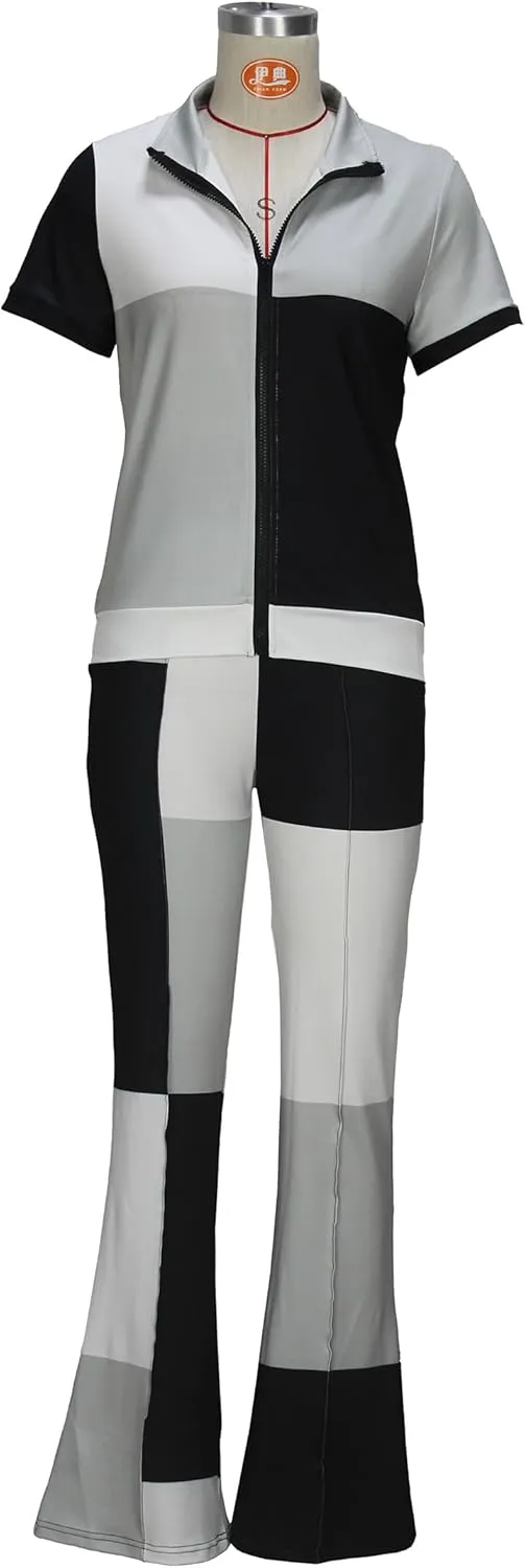 Batehif Women's Lounge Outfits Two Piece Sets 80s 90s Short Sleeve Zipper Top Flare Legging Pants