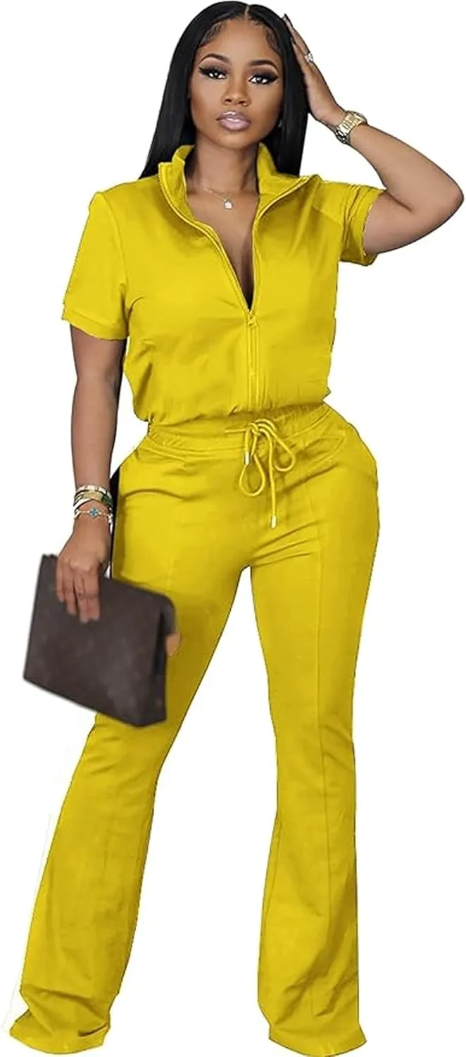 Batehif Women's Lounge Outfits Two Piece Sets 80s 90s Short Sleeve Zipper Top Flare Legging Pants