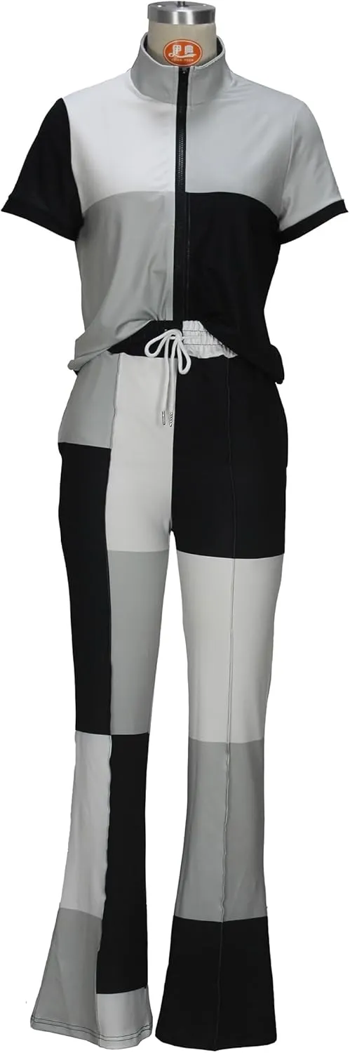 Batehif Women's Lounge Outfits Two Piece Sets 80s 90s Short Sleeve Zipper Top Flare Legging Pants