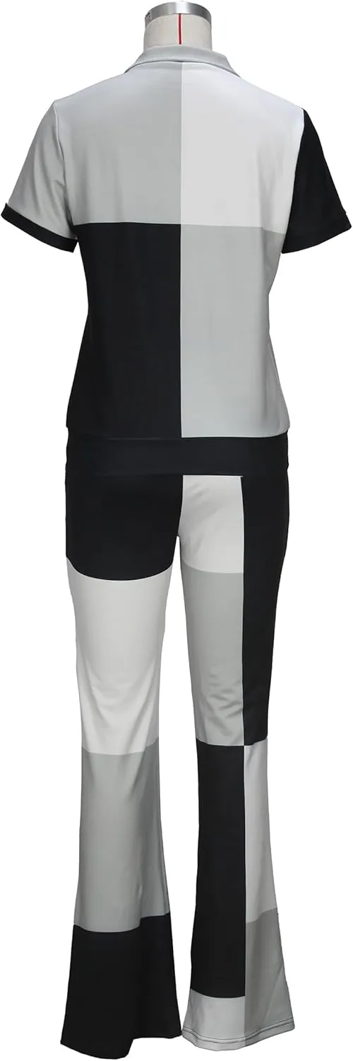 Batehif Women's Lounge Outfits Two Piece Sets 80s 90s Short Sleeve Zipper Top Flare Legging Pants