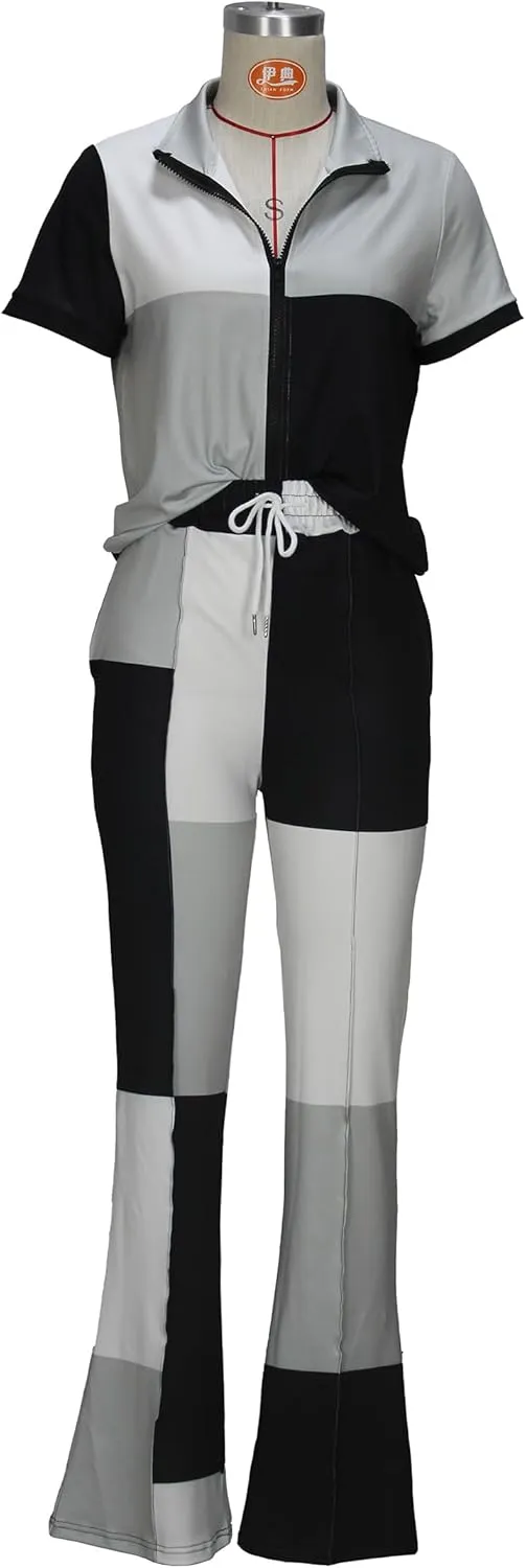 Batehif Women's Lounge Outfits Two Piece Sets 80s 90s Short Sleeve Zipper Top Flare Legging Pants