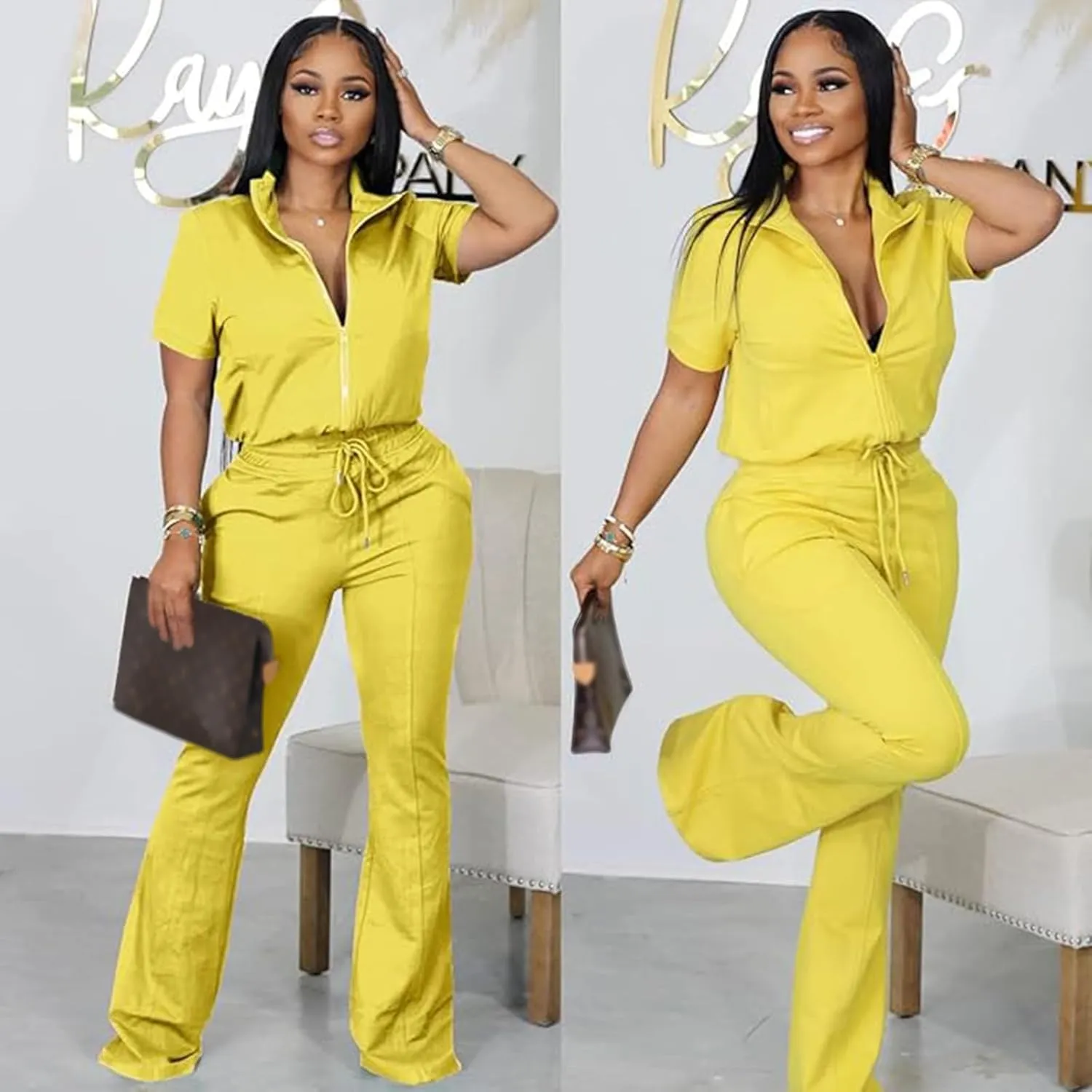 Batehif Women's Lounge Outfits Two Piece Sets 80s 90s Short Sleeve Zipper Top Flare Legging Pants