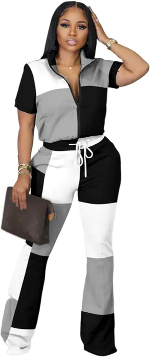 Batehif Women's Lounge Outfits Two Piece Sets 80s 90s Short Sleeve Zipper Top Flare Legging Pants