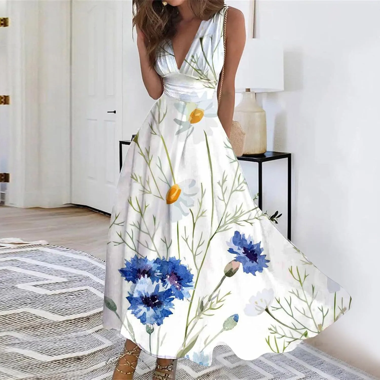 Beach Dresses for Women Summer Trendy Elegant V Neck Wrap Floral Boho Dress Flowy Ruched Maxi Dress
