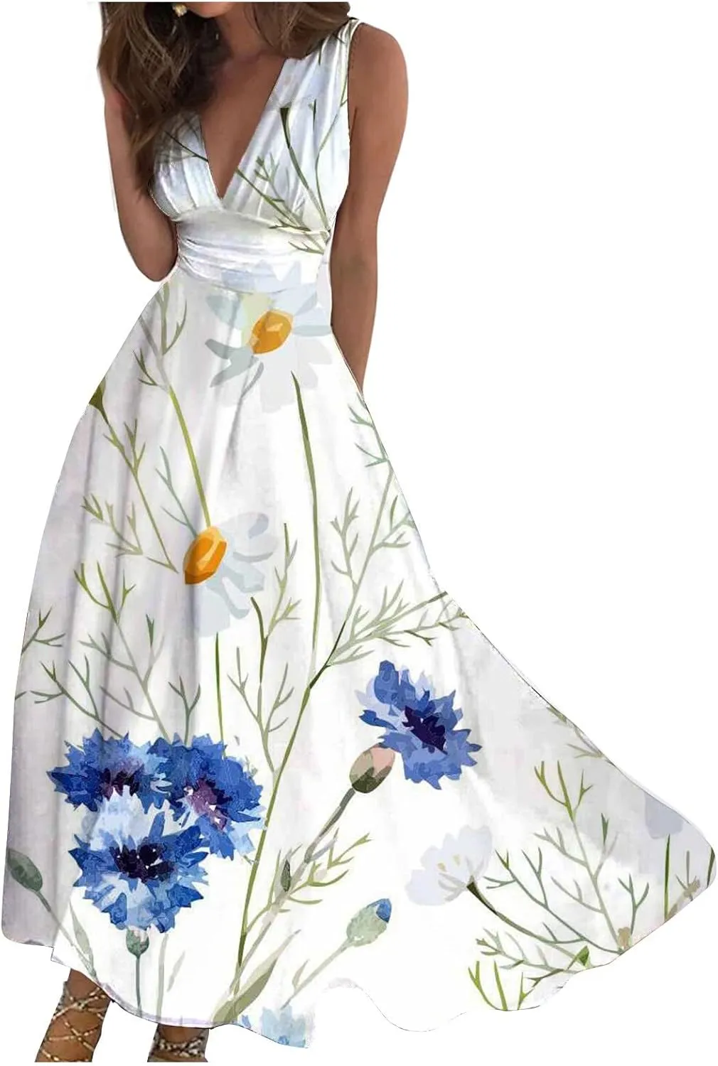 Beach Dresses for Women Summer Trendy Elegant V Neck Wrap Floral Boho Dress Flowy Ruched Maxi Dress