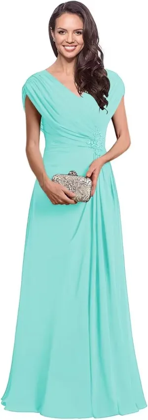 Beaded Mother of The Bride Dresses for Wedding Cap Sleeves Ruched Mother of The Groom Dresses V Neck Formal Dresses