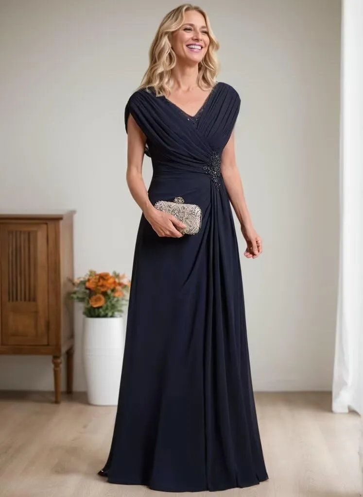 Beaded Mother of The Bride Dresses for Wedding Cap Sleeves Ruched Mother of The Groom Dresses V Neck Formal Dresses