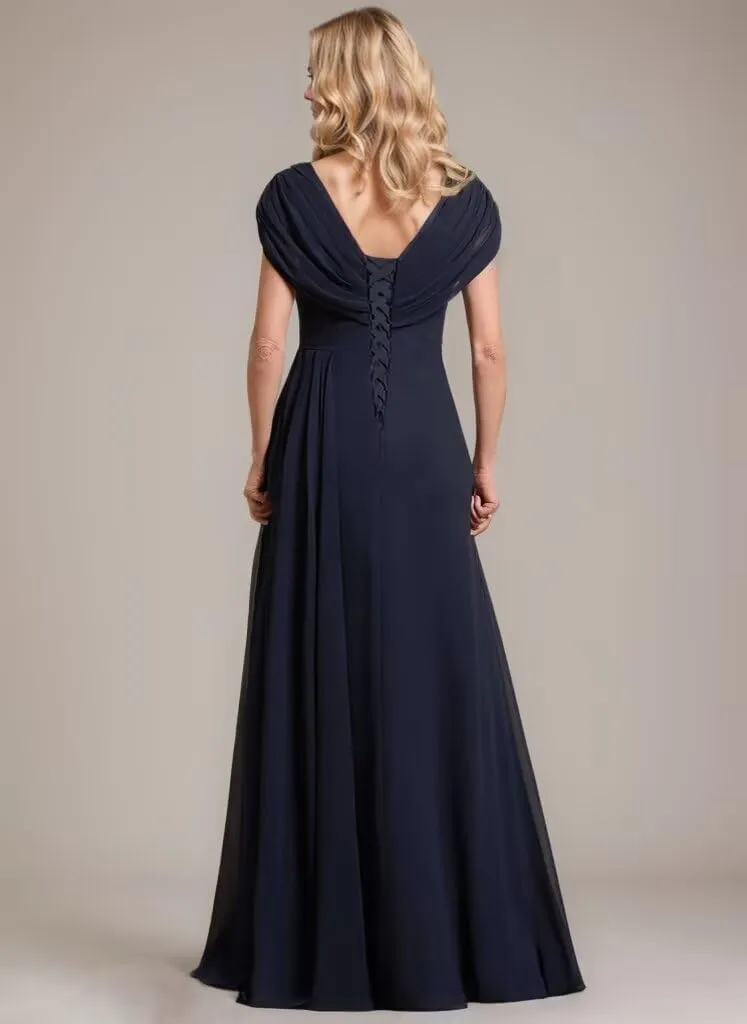 Beaded Mother of The Bride Dresses for Wedding Cap Sleeves Ruched Mother of The Groom Dresses V Neck Formal Dresses