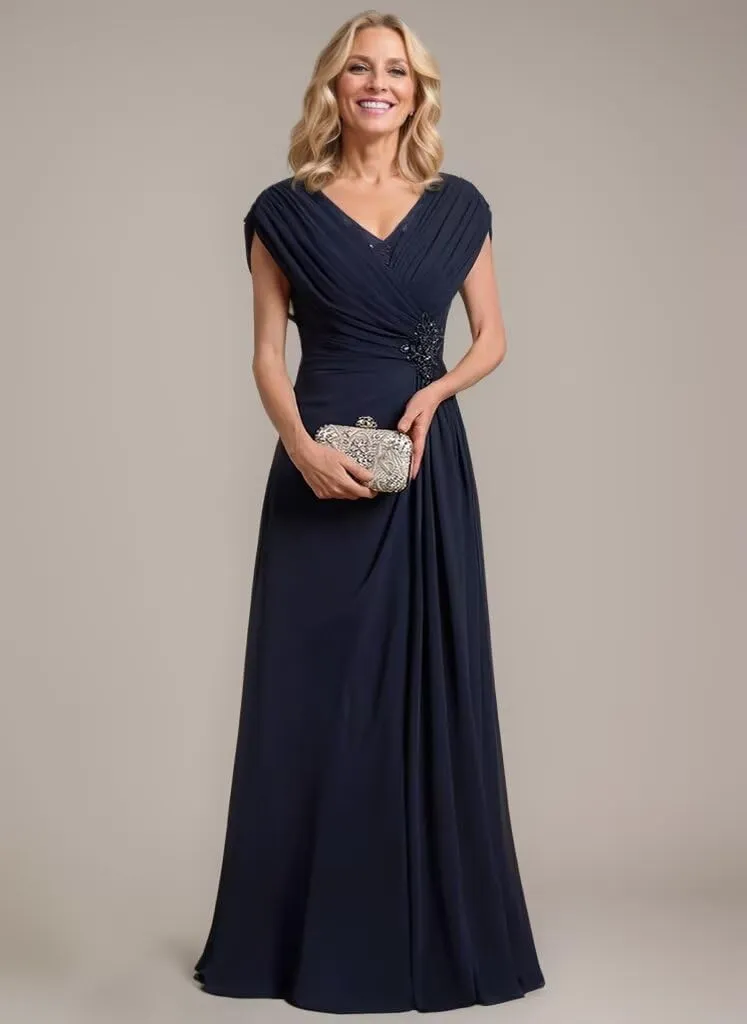 Beaded Mother of The Bride Dresses for Wedding Cap Sleeves Ruched Mother of The Groom Dresses V Neck Formal Dresses