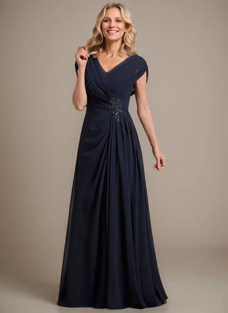 Beaded Mother of The Bride Dresses for Wedding Cap Sleeves Ruched Mother of The Groom Dresses V Neck Formal Dresses