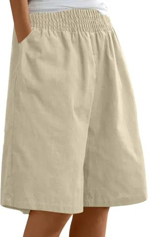 Bermuda Linen Shorts for Women Summer Wide Leg Knee Length High Waisted Shorts Casual Workout Long Short with Pockets