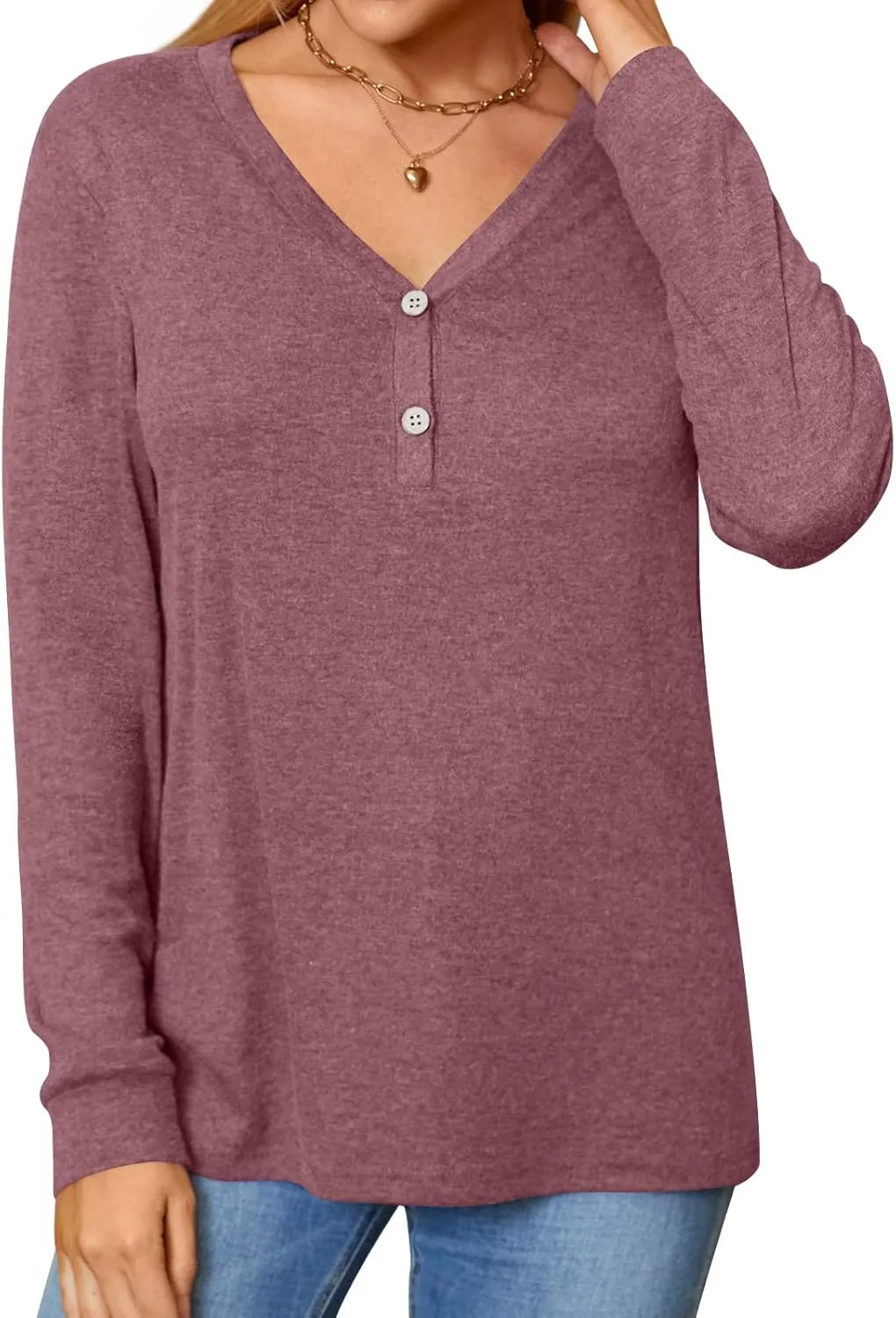 BISHUIGE Womens Button Up T-Shirts Long Sleeve Henley Tunic Tops V-Neck Casual Sweatshirt