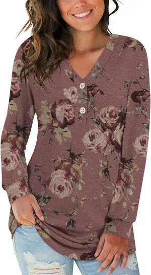 BISHUIGE Womens Button Up T-Shirts Long Sleeve Henley Tunic Tops V-Neck Casual Sweatshirt
