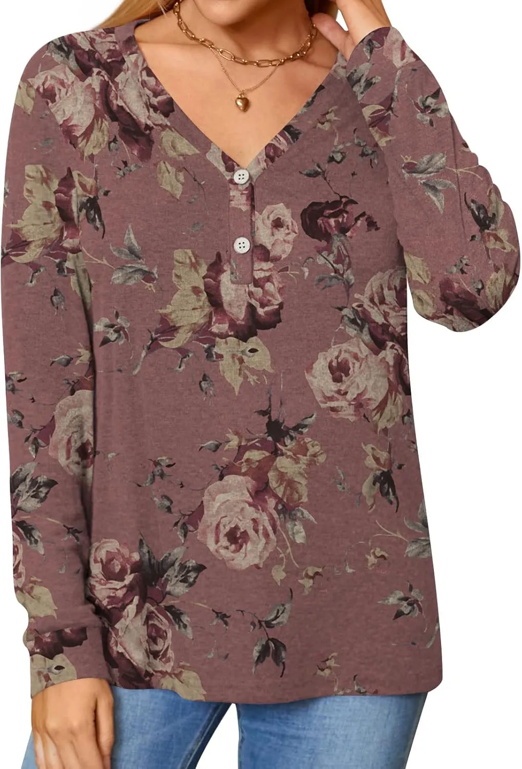 BISHUIGE Womens Button Up T-Shirts Long Sleeve Henley Tunic Tops V-Neck Casual Sweatshirt