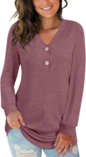 BISHUIGE Womens Button Up T-Shirts Long Sleeve Henley Tunic Tops V-Neck Casual Sweatshirt