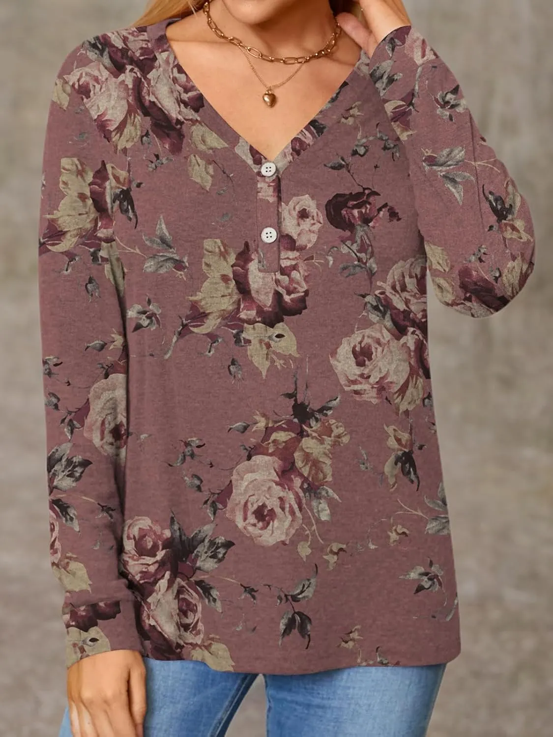 BISHUIGE Womens Button Up T-Shirts Long Sleeve Henley Tunic Tops V-Neck Casual Sweatshirt