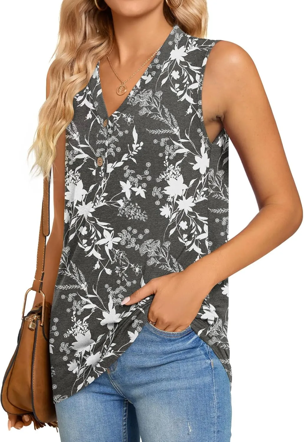 BISHUIGE Womens Henley Tunic Tops Button Up T-Shirts Sleeveless V-Neck Casual Blouses