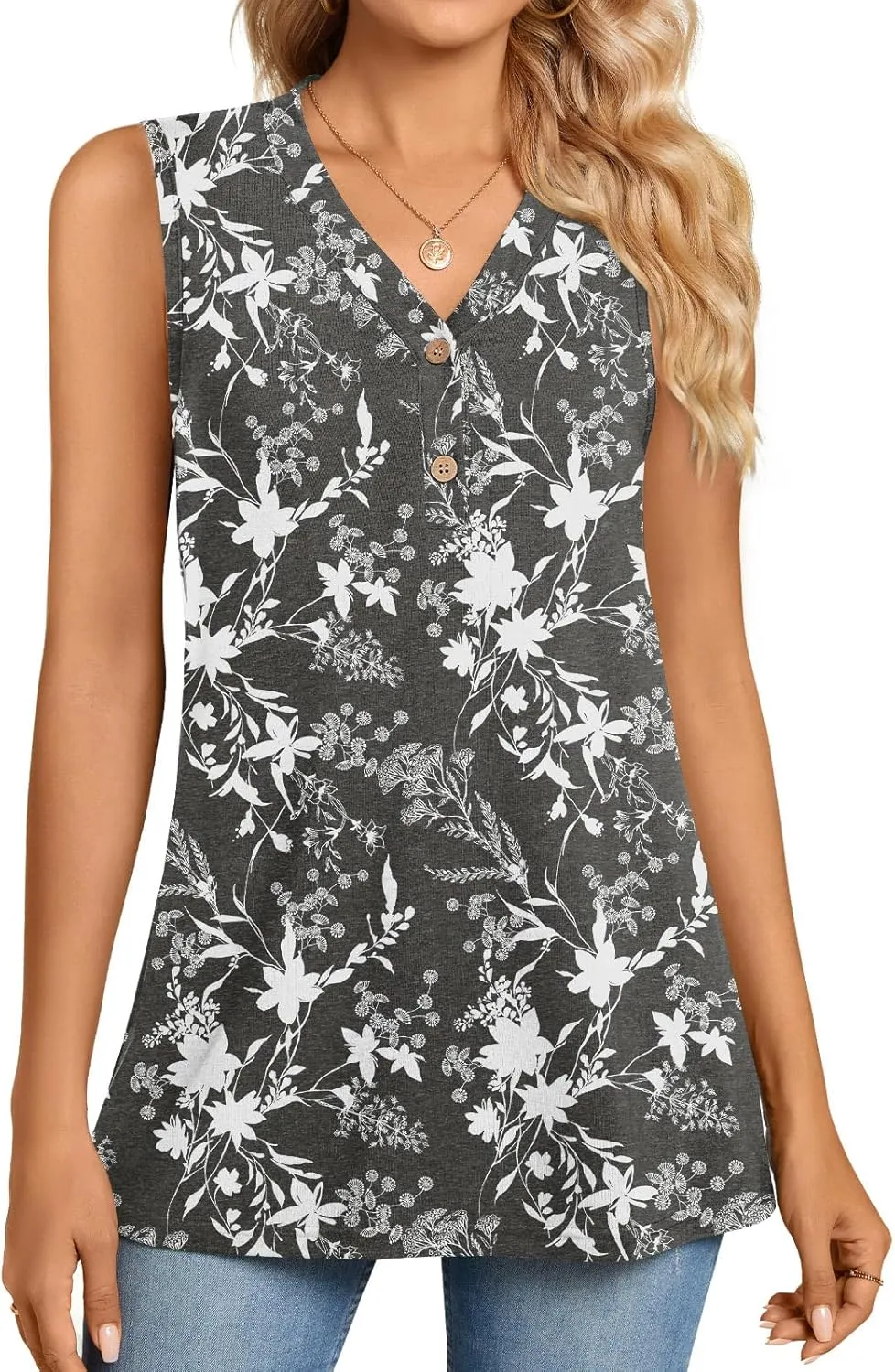 BISHUIGE Womens Henley Tunic Tops Button Up T-Shirts Sleeveless V-Neck Casual Blouses