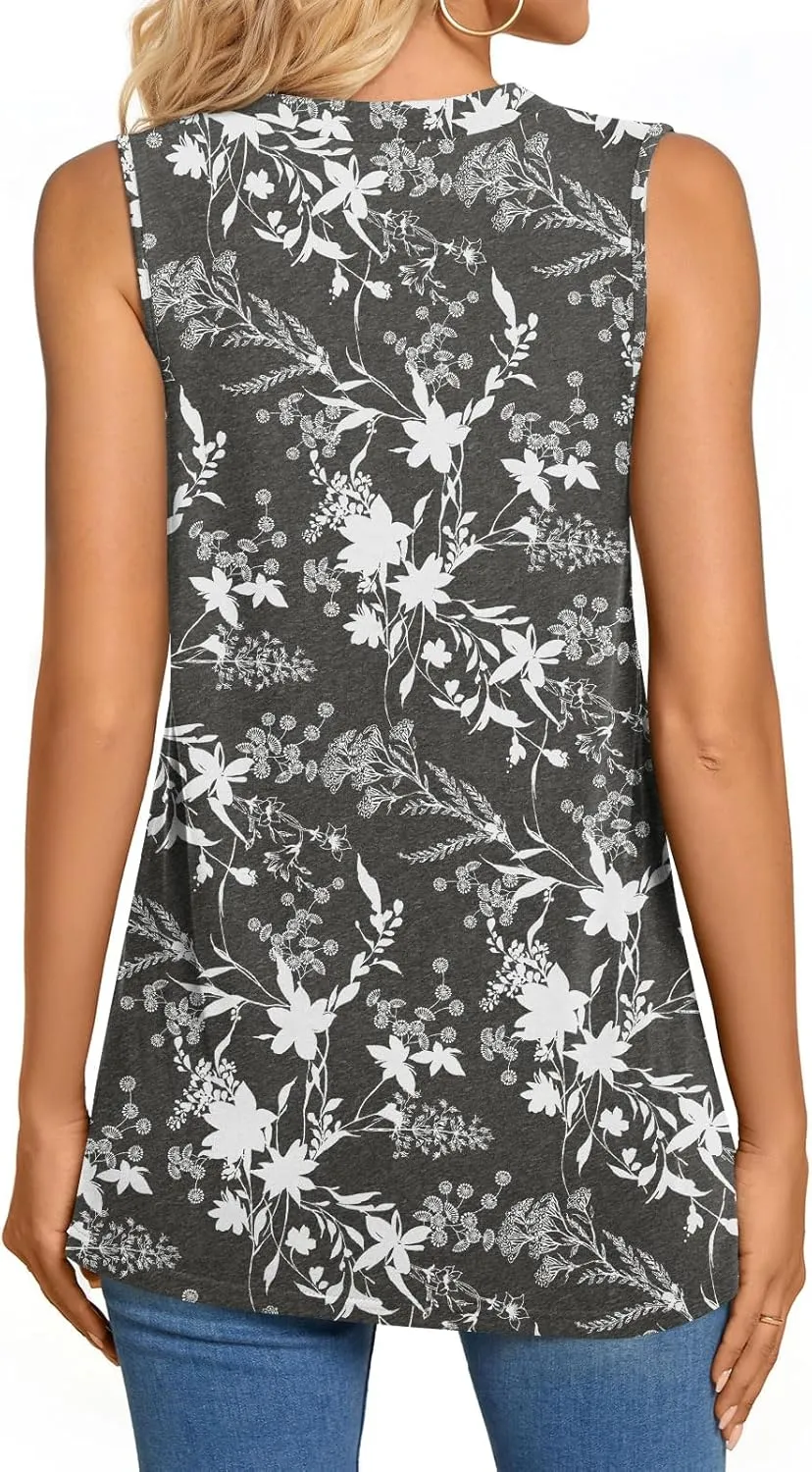 BISHUIGE Womens Henley Tunic Tops Button Up T-Shirts Sleeveless V-Neck Casual Blouses