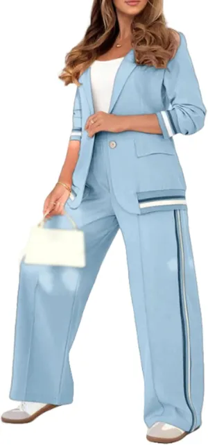 Blazer Sets Women 2 Piece Outfits Ribbed Sets One Button Blazer and Wide Leg Pants Suits Casual Business Outfits