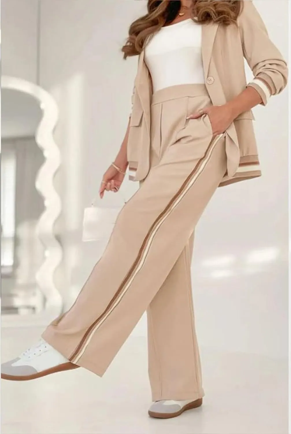 Blazer Sets Women 2 Piece Outfits Ribbed Sets One Button Blazer and Wide Leg Pants Suits Casual Business Outfits