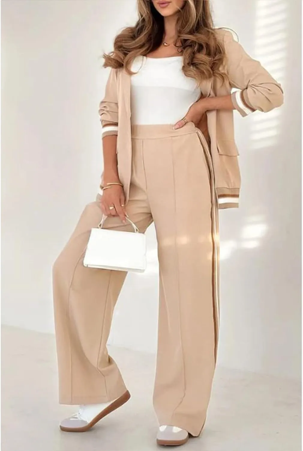 Blazer Sets Women 2 Piece Outfits Ribbed Sets One Button Blazer and Wide Leg Pants Suits Casual Business Outfits