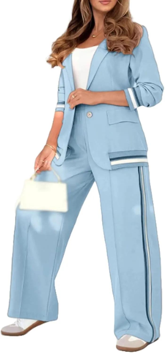 Blazer Sets Women 2 Piece Outfits Ribbed Sets One Button Blazer and Wide Leg Pants Suits Casual Business Outfits