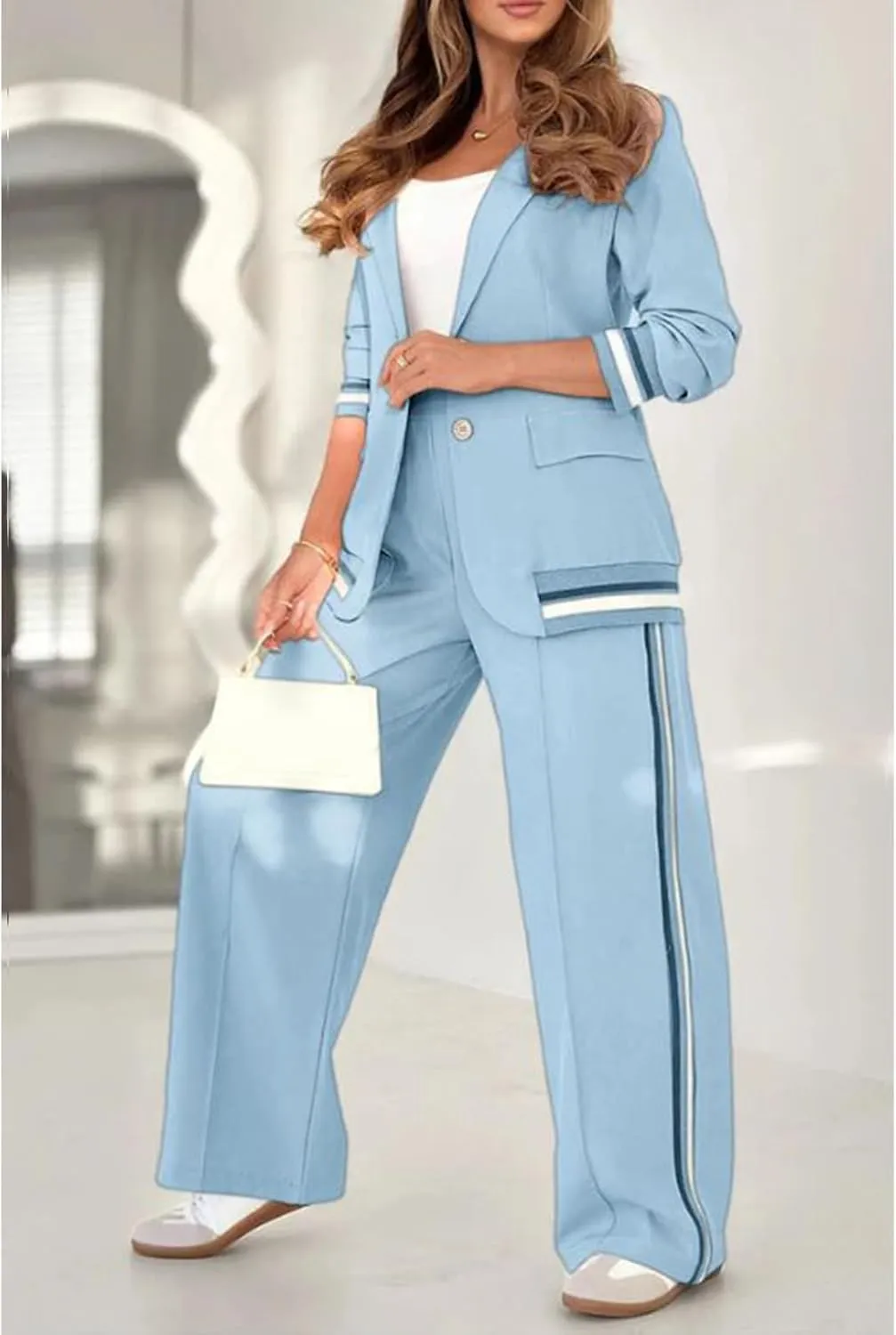 Blazer Sets Women 2 Piece Outfits Ribbed Sets One Button Blazer and Wide Leg Pants Suits Casual Business Outfits