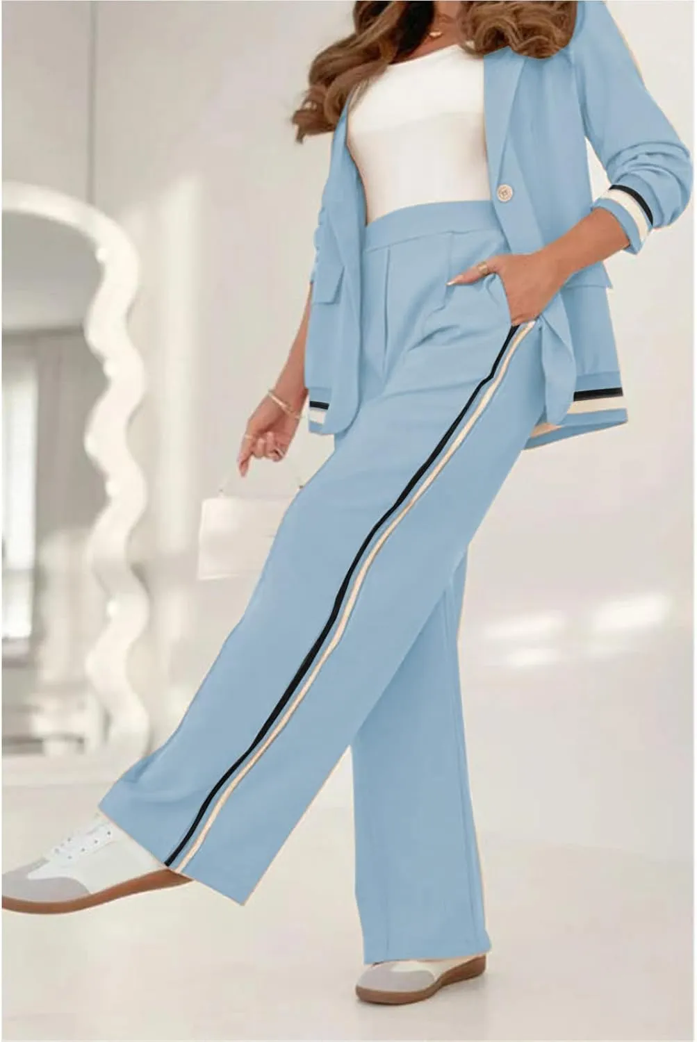 Blazer Sets Women 2 Piece Outfits Ribbed Sets One Button Blazer and Wide Leg Pants Suits Casual Business Outfits