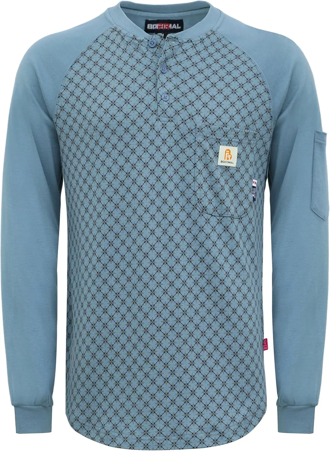 BOCOMAL FR Shirts Flame Resistant Henley Printed and Camo Two Tone 7oz Men's Fire Retardant Work Shirts
